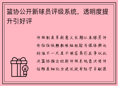 篮协公开新球员评级系统，透明度提升引好评